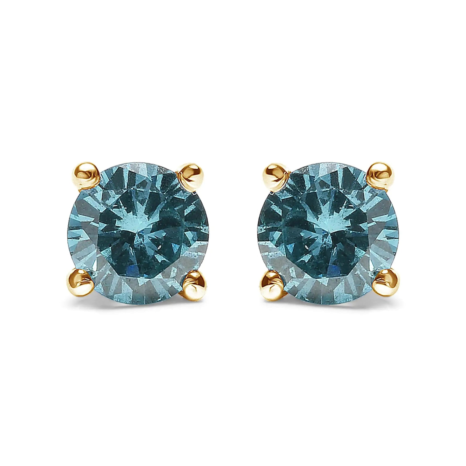 14K Gold 1/2 Cttw Aqua Blue Diamond Screw - Back 4 - Prong Classic Stud Earrings (Color Treated, I2 - I3) - Jaazi Intl