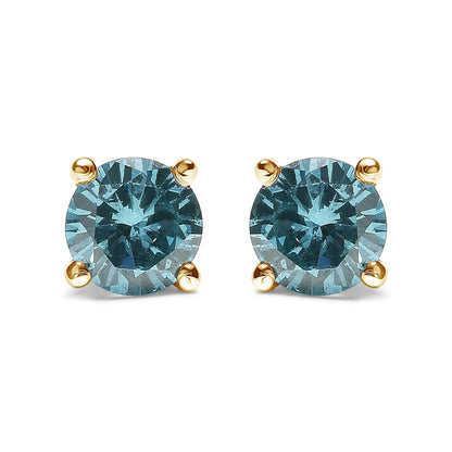 14K Gold 1/2 Cttw Aqua Blue Diamond Screw - Back 4 - Prong Classic Stud Earrings (Color Treated, I2 - I3) - Jaazi Intl