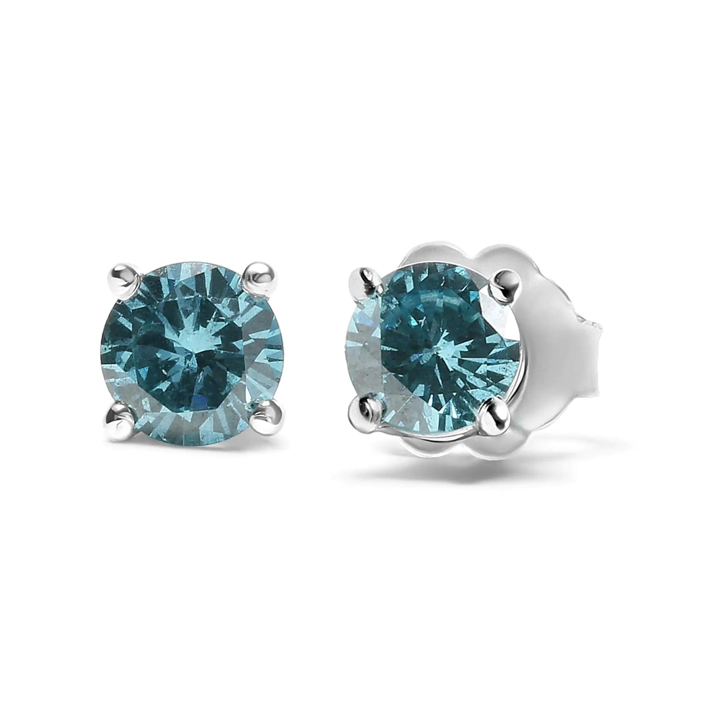 14K Gold 1/2 Cttw Aqua Blue Diamond Screw - Back 4 - Prong Classic Stud Earrings (Color Treated, I2 - I3) - Jaazi Intl