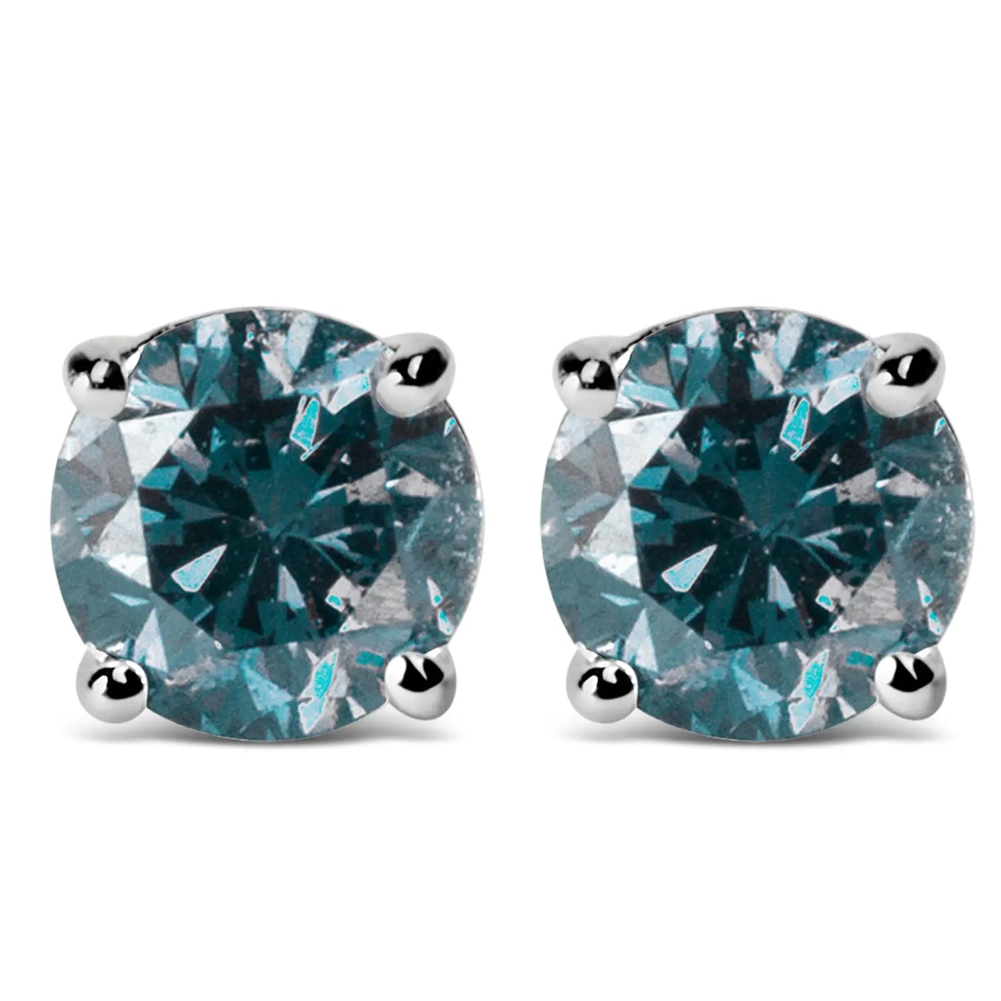 14K Gold Round Brilliant Cut Lab Grown Blue Diamond 4 - Prong Classic Solitaire Stud Earrings with Screwbacks - Jaazi Intl