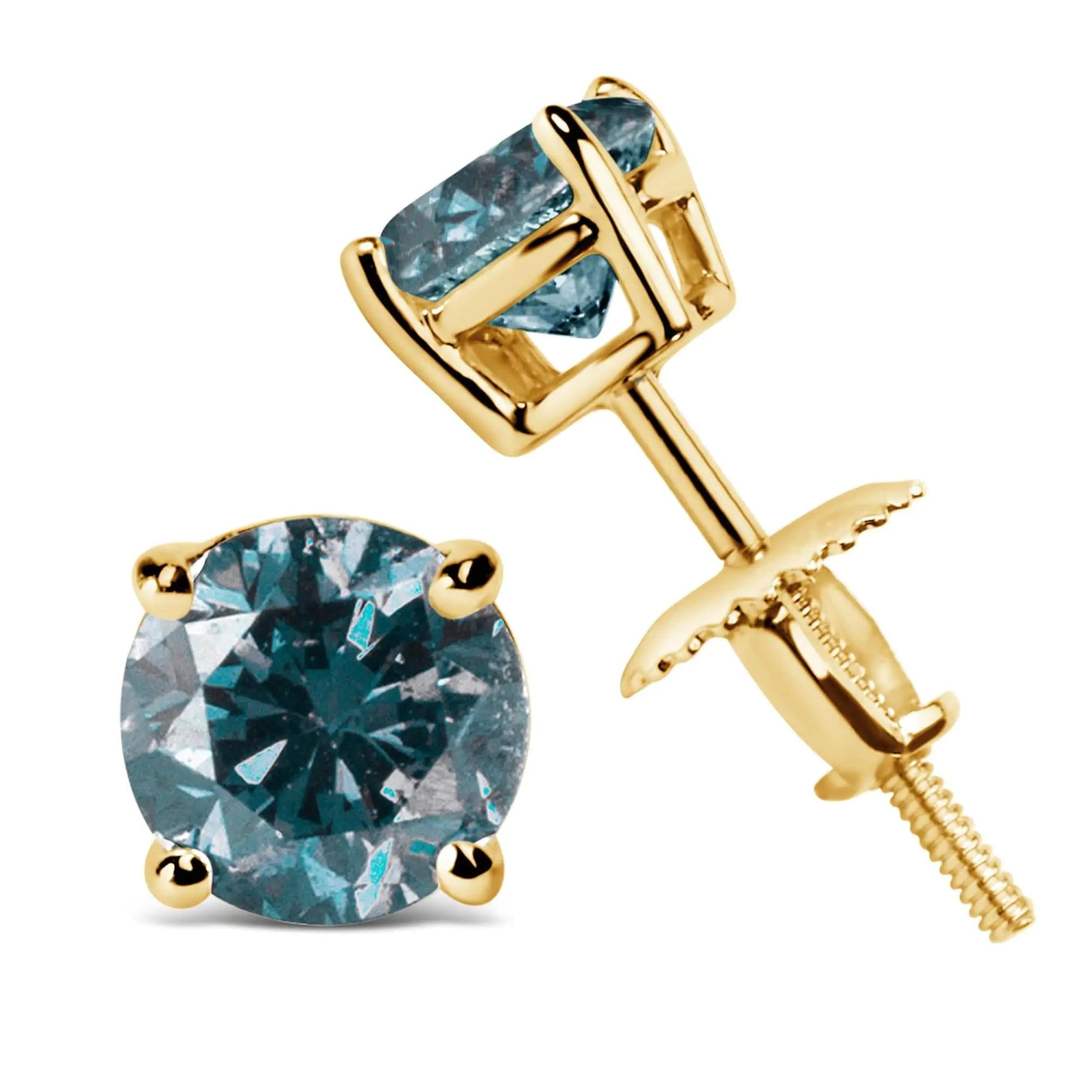 14K Gold Round Brilliant Cut Lab Grown Blue Diamond 4 - Prong Classic Solitaire Stud Earrings with Screwbacks - Jaazi Intl