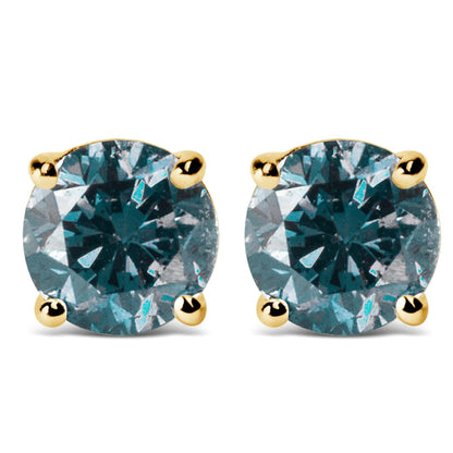 14K Gold Round Brilliant Cut Lab Grown Blue Diamond 4 - Prong Classic Solitaire Stud Earrings with Screwbacks - Jaazi Intl