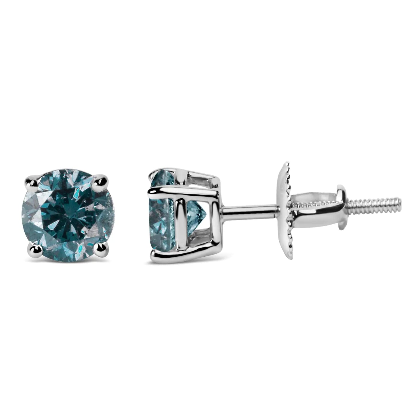 14K Gold Round Brilliant Cut Lab Grown Blue Diamond 4 - Prong Classic Solitaire Stud Earrings with Screwbacks - Jaazi Intl