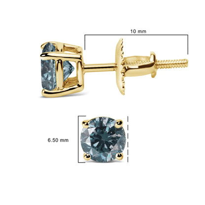 14K Gold Round Brilliant Cut Lab Grown Blue Diamond 4 - Prong Classic Solitaire Stud Earrings with Screwbacks - Jaazi Intl