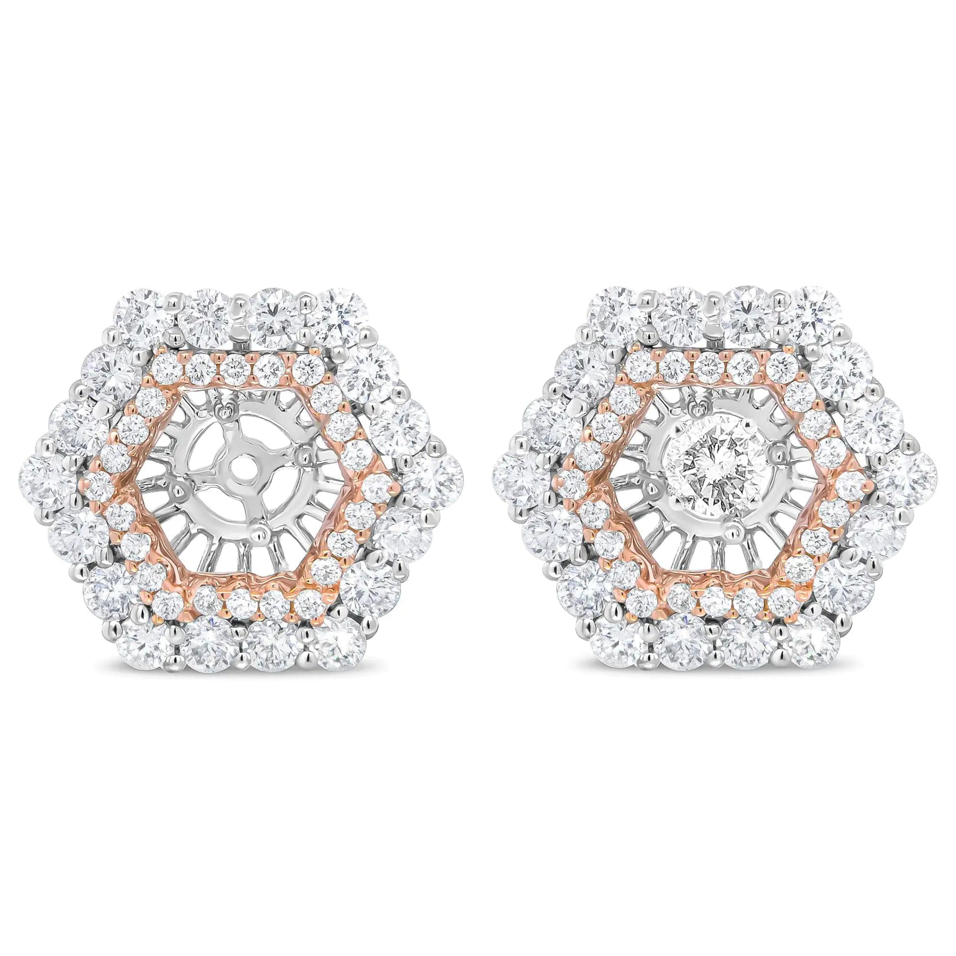 14K Rose and White Gold 1 7/8 Cttw Round Diamond Double Halo Earring Jacket for 6mm Round Studs (G - H Color, VS2 - SI1 Clarity) - Jaazi Intl