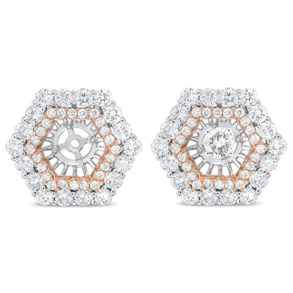 14K Rose and White Gold 1 7/8 Cttw Round Diamond Double Halo Earring Jacket for 6mm Round Studs (G - H Color, VS2 - SI1 Clarity) - Jaazi Intl