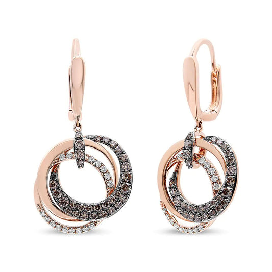 14K Rose Gold 1.00 Cttw White and Brown Diamond Intertwining Hoops and Circle Dangle Earrings (H - I/Brown Color, SI1 - SI2 Clarity) - Jaazi Intl