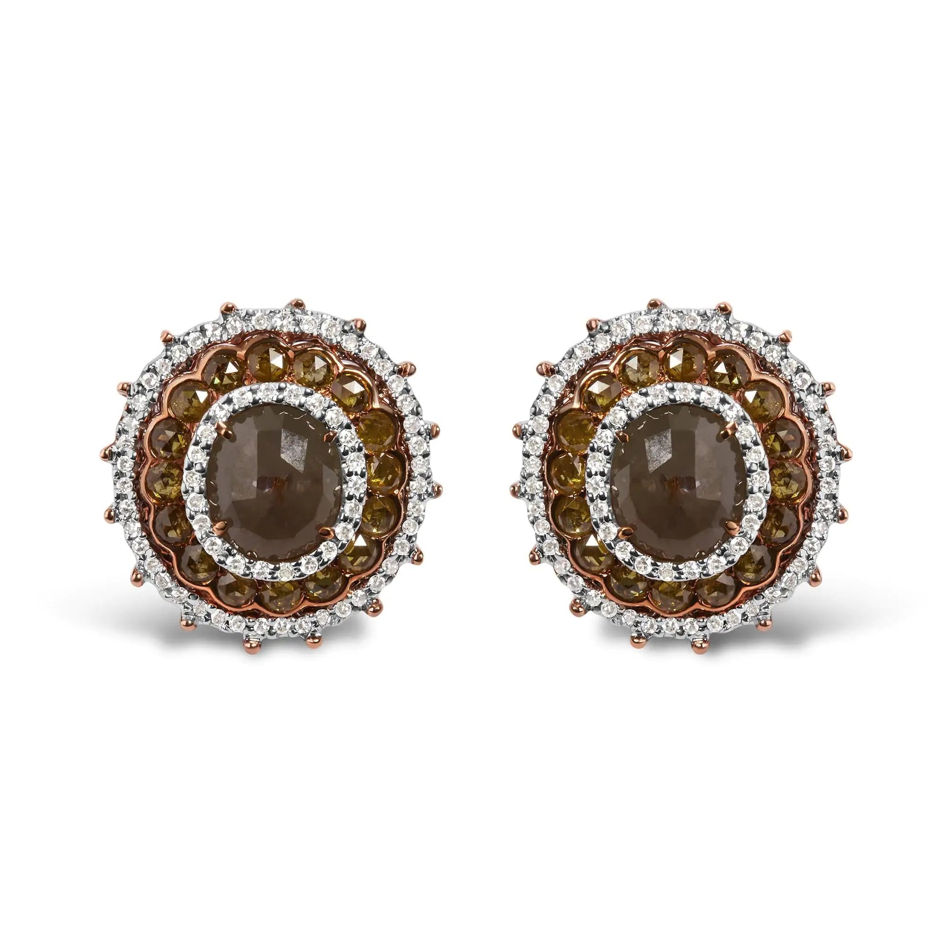 14K Rose Gold 3 1/2 Cttw Fancy Rose Cut Diamond Circle Shaped Triple Halo Stud Earring (Fancy Color, I2 - I3 clarity) - Jaazi Intl