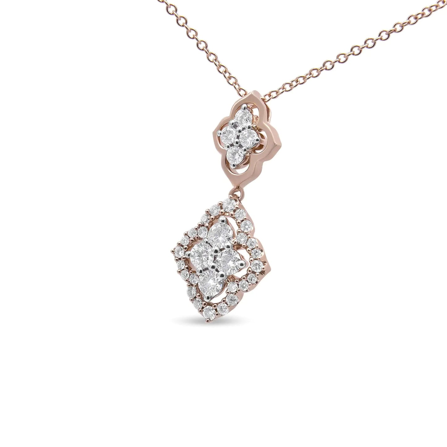 14K Rose Gold 3/4 Cttw Round Diamond Double Quatrefoil Pendant 18" Necklace (H - I Color, I1 - I2 Clarity) - Jaazi Intl