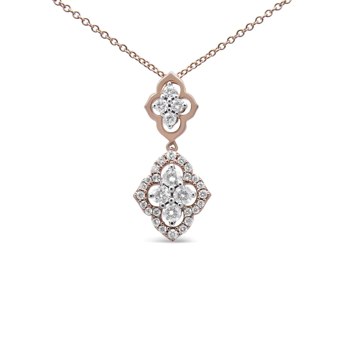 14K Rose Gold 3/4 Cttw Round Diamond Double Quatrefoil Pendant 18" Necklace (H - I Color, I1 - I2 Clarity) - Jaazi Intl