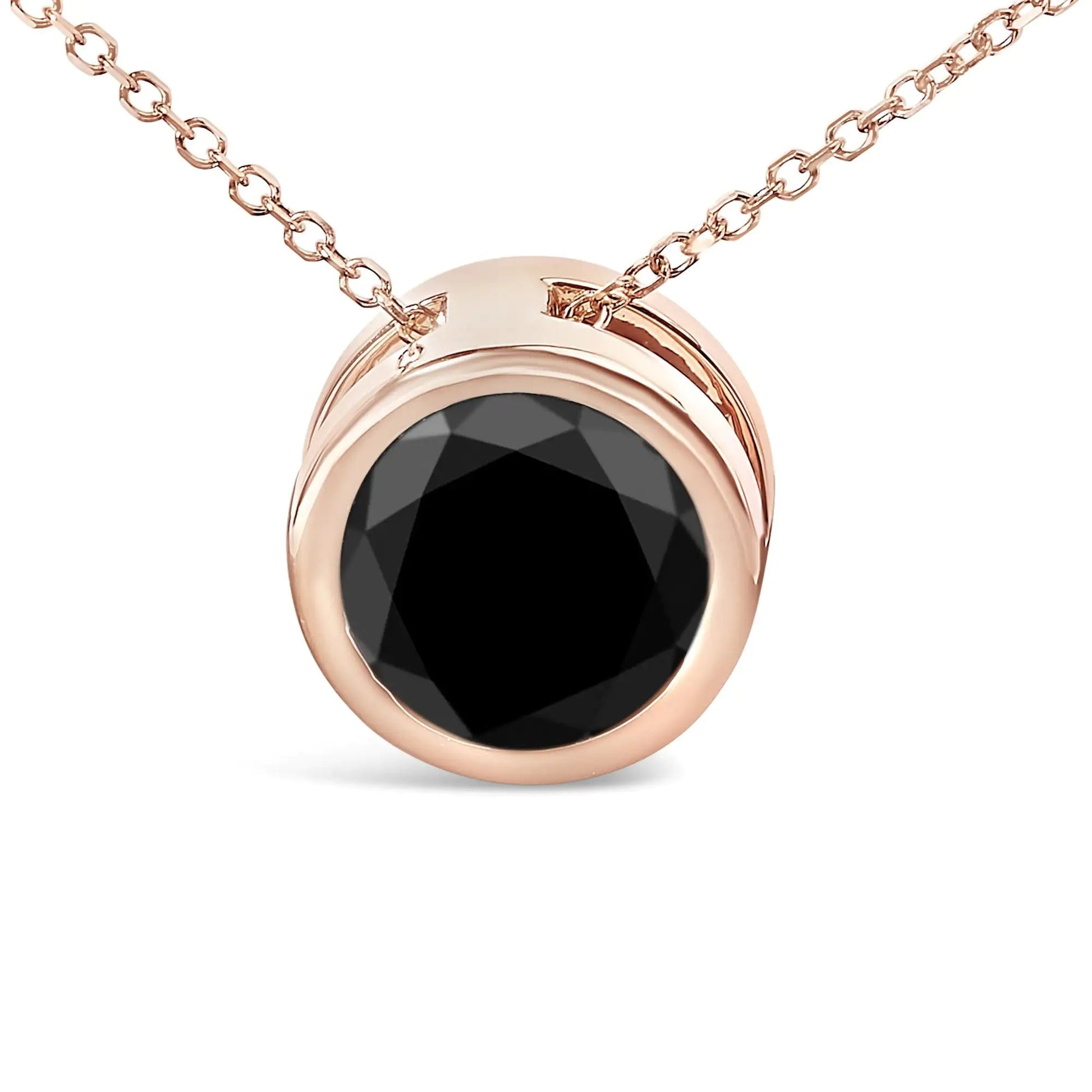 14K Rose Gold 7.0 Cttw Bezel - Set Black Round Diamond Solitaire Pendant Necklace (Black Color, I2 - I3 Clarity) - 18" - Jaazi Intl