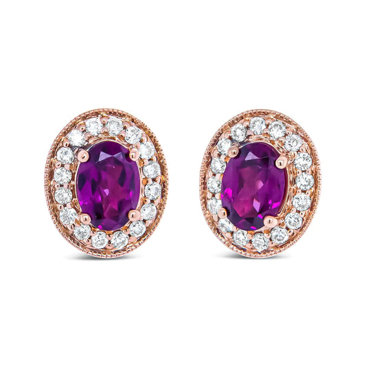 14K Rose Gold 7x5mm Oval Cut Garnet and 3/8 Cttw Round Diamond Halo Stud Earrings (G - H Color, SI1 - SI2 Clarity) - Jaazi Intl