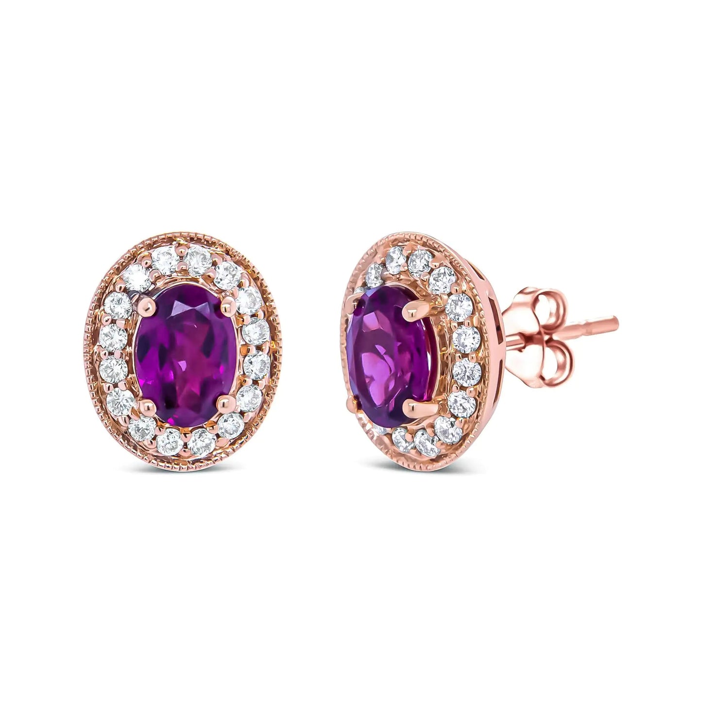 14K Rose Gold 7x5mm Oval Cut Garnet and 3/8 Cttw Round Diamond Halo Stud Earrings (G - H Color, SI1 - SI2 Clarity) - Jaazi Intl