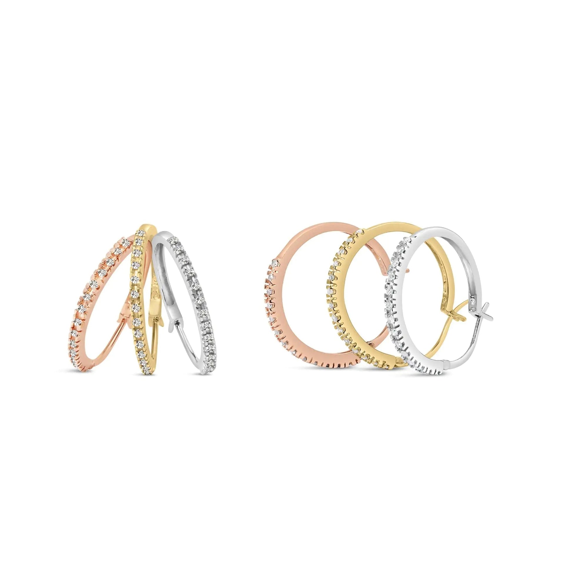 14K Tri - Toned Gold 1/3 Cttw Diamond Triple Hoop Earrings (I - J Color, I2 - I3 Clarity) - 22 MM - Jaazi Intl