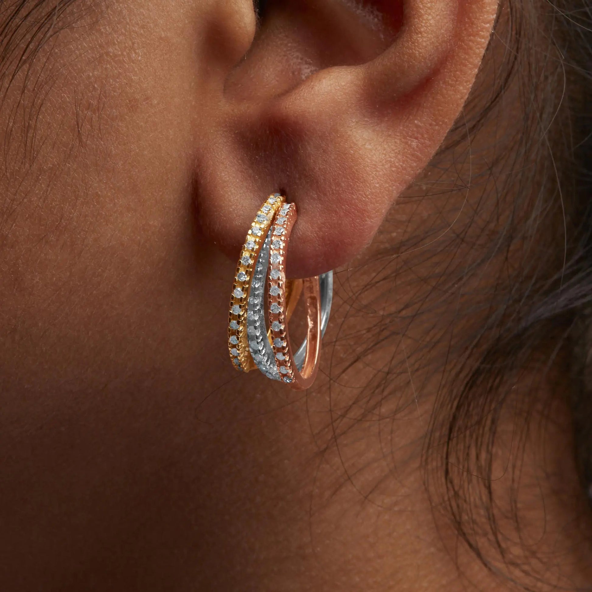 14K Tri - Toned Gold 1/3 Cttw Diamond Triple Hoop Earrings (I - J Color, I2 - I3 Clarity) - 22 MM - Jaazi Intl