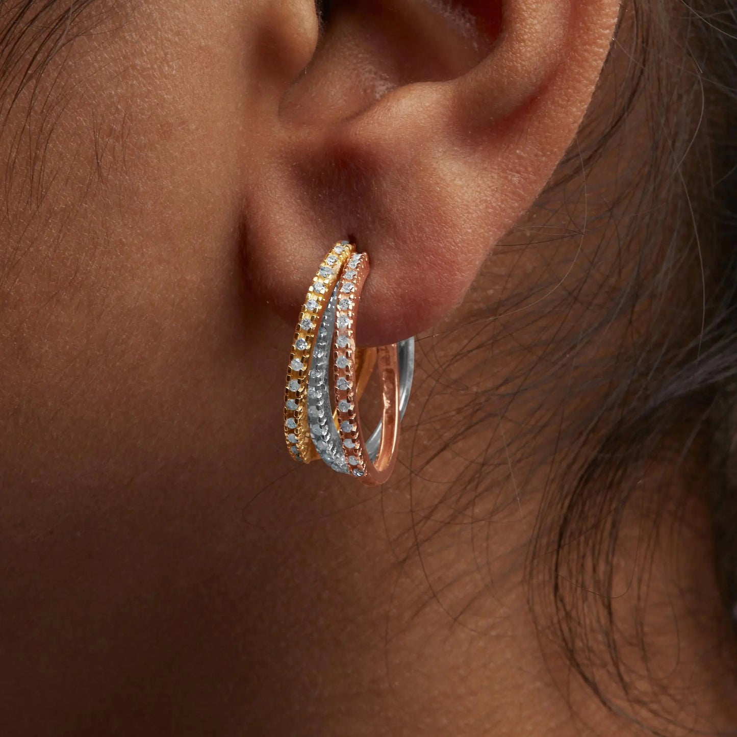 14K Tri - Toned Gold 1/3 Cttw Diamond Triple Hoop Earrings (I - J Color, I2 - I3 Clarity) - 22 MM - Jaazi Intl