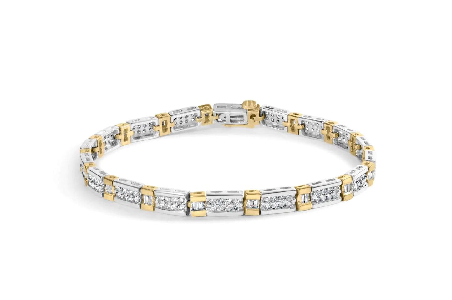 14k Two - Tone 2.00 Cttw Round - Cut and Baguette - Cut Diamond Bar Link 7" Bracelet (I - J Color, SI2 - I1 Clarity) - Jaazi Intl