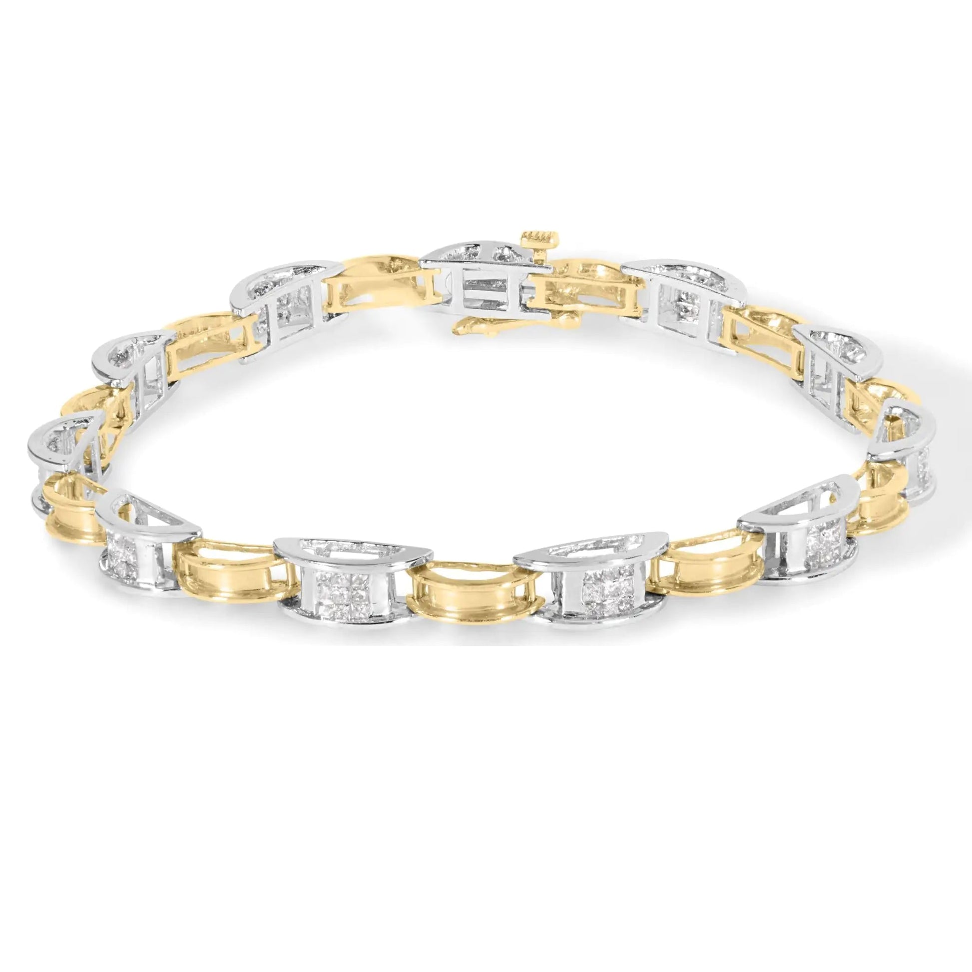 14K Two - Tone Gold 1.00 Cttw Princess - Cut Diamond Chain Link 7" Bracelet (H - I Color, SI1 - SI2 Clarity) - Jaazi Intl