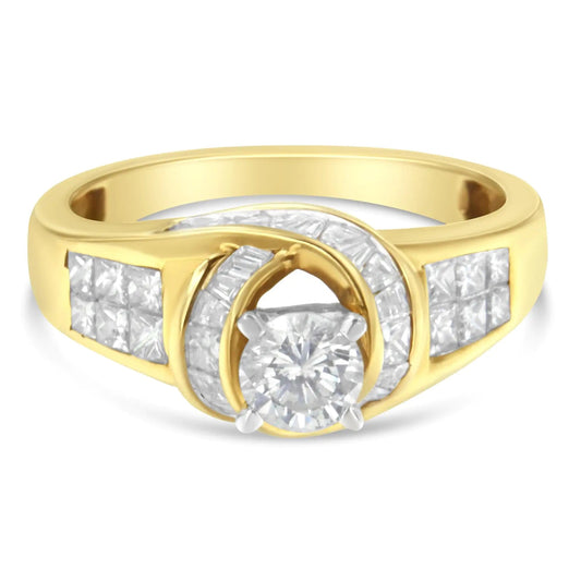 14K Two - Toned Gold Round, Baguette and Princess Cut Diamond Ring (1 1/8 Cttw, H - I Color, SI2 - I1 Clarity) - Jaazi Intl