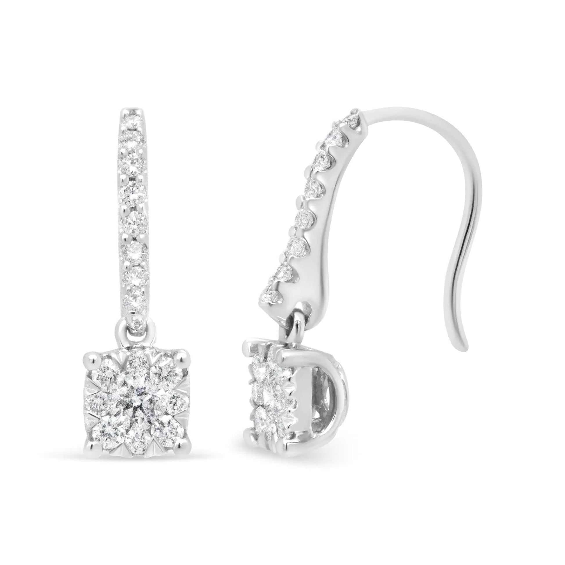 14K White 1/2 Cttw Round Diamond Halo Dangle Hook Earring - (H - I Color, SI2 - I1 Clarity) - Jaazi Intl