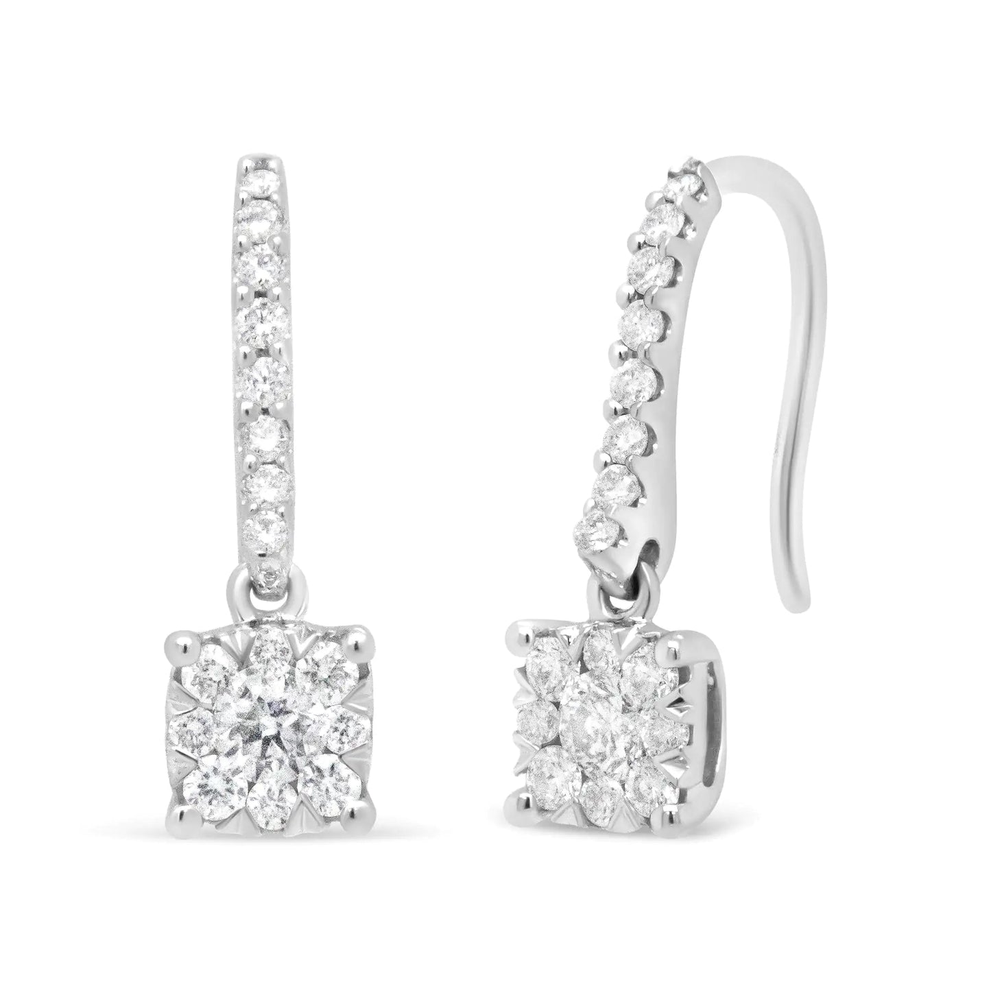 14K White 1/2 Cttw Round Diamond Halo Dangle Hook Earring - (H - I Color, SI2 - I1 Clarity) - Jaazi Intl