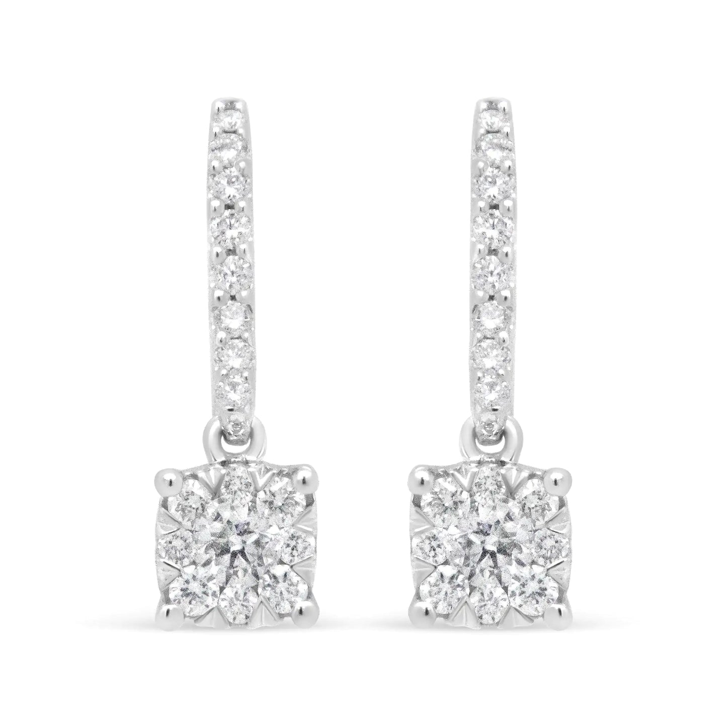 14K White 1/2 Cttw Round Diamond Halo Dangle Hook Earring - (H - I Color, SI2 - I1 Clarity) - Jaazi Intl