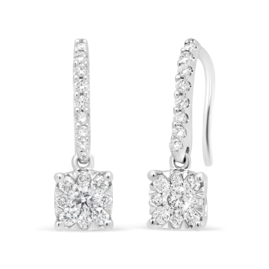 14K White 1/2 Cttw Round Diamond Halo Dangle Hook Earring - (H - I Color, SI2 - I1 Clarity) - Jaazi Intl