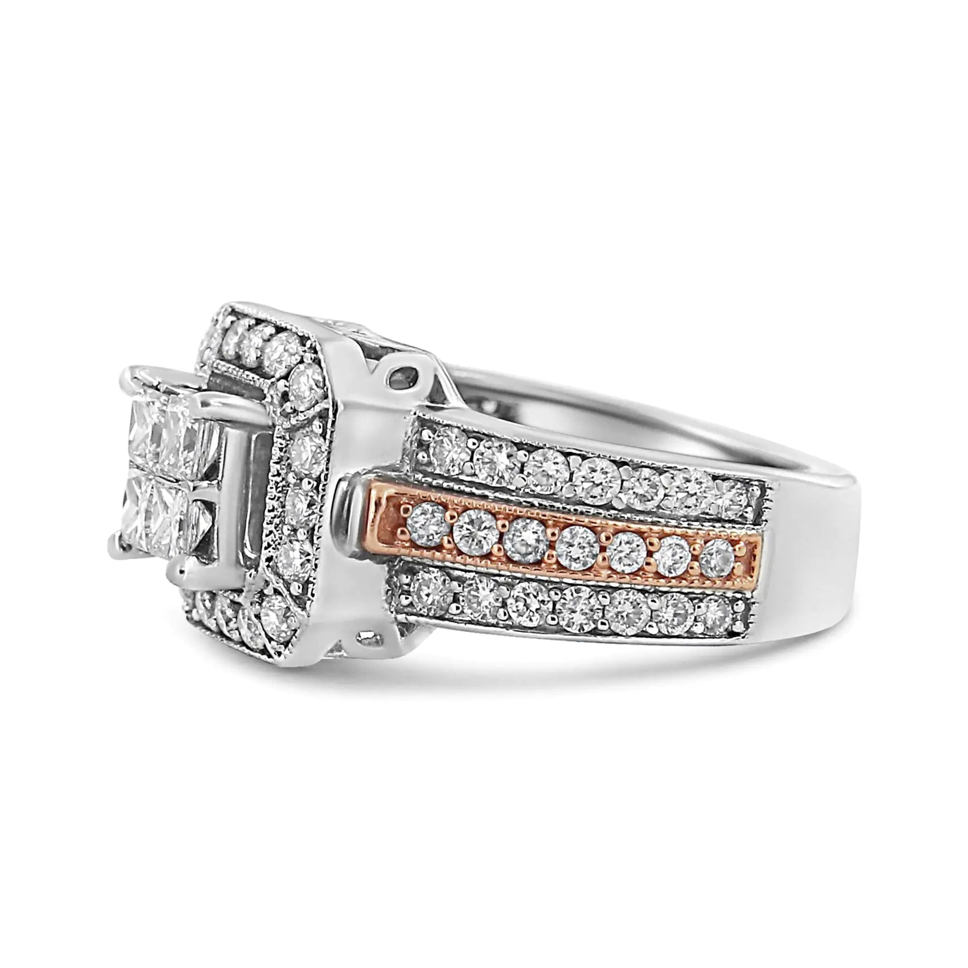 14K White and Rose Gold 1 1/8 Cttw Princess and Round - Cut Diamond Art Deco Style Triple Shank Halo Cocktail Ring (I - J Color, SI2 - I1 Clarity) - Jaazi Intl