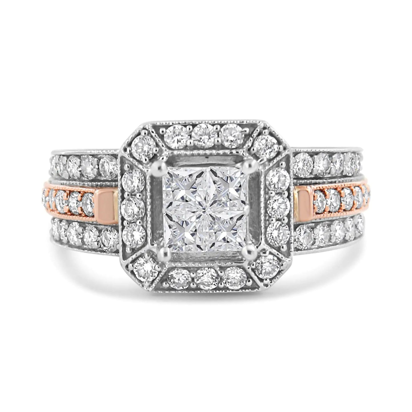 14K White and Rose Gold 1 1/8 Cttw Princess and Round - Cut Diamond Art Deco Style Triple Shank Halo Cocktail Ring (I - J Color, SI2 - I1 Clarity) - Jaazi Intl