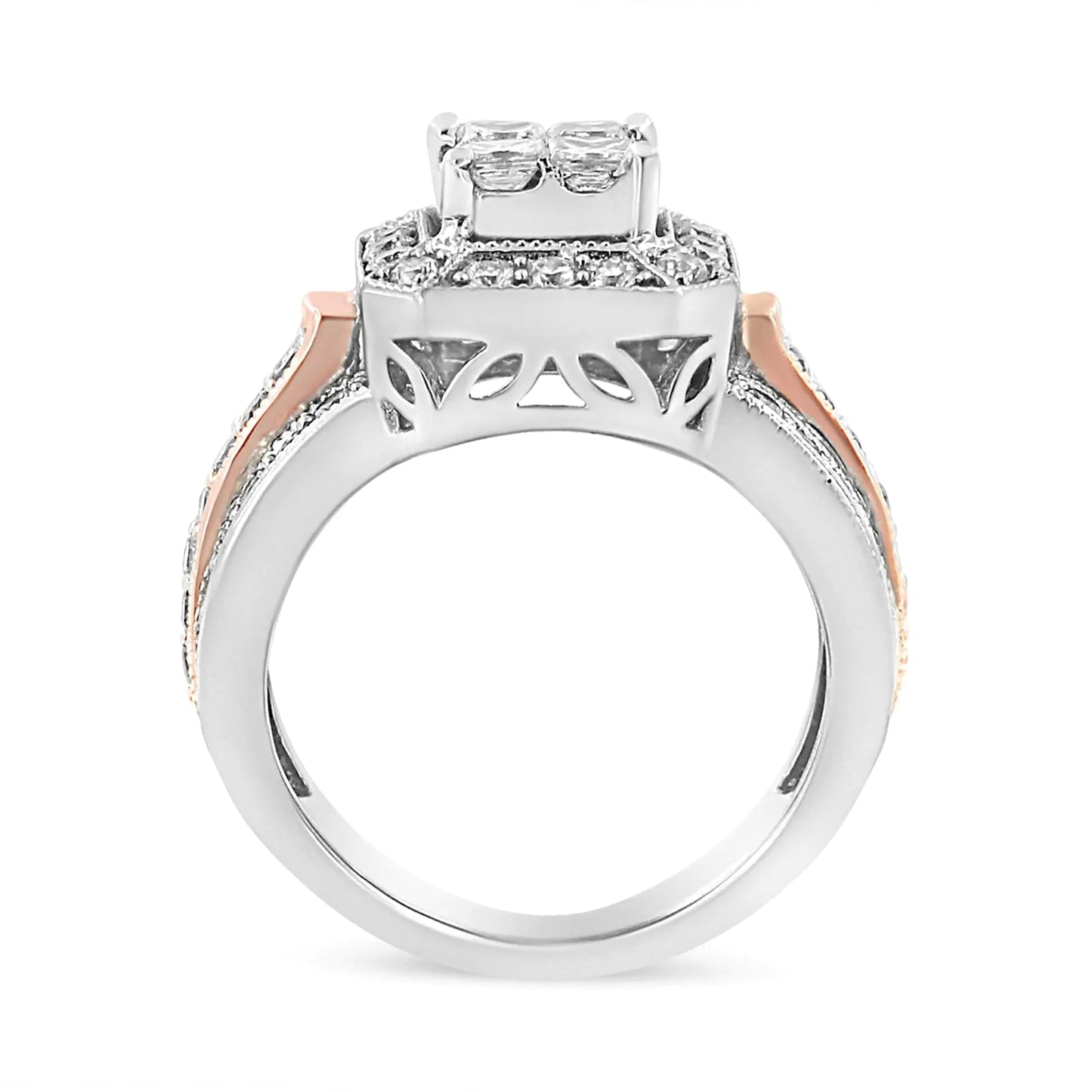 14K White and Rose Gold 1 1/8 Cttw Princess and Round - Cut Diamond Art Deco Style Triple Shank Halo Cocktail Ring (I - J Color, SI2 - I1 Clarity) - Jaazi Intl