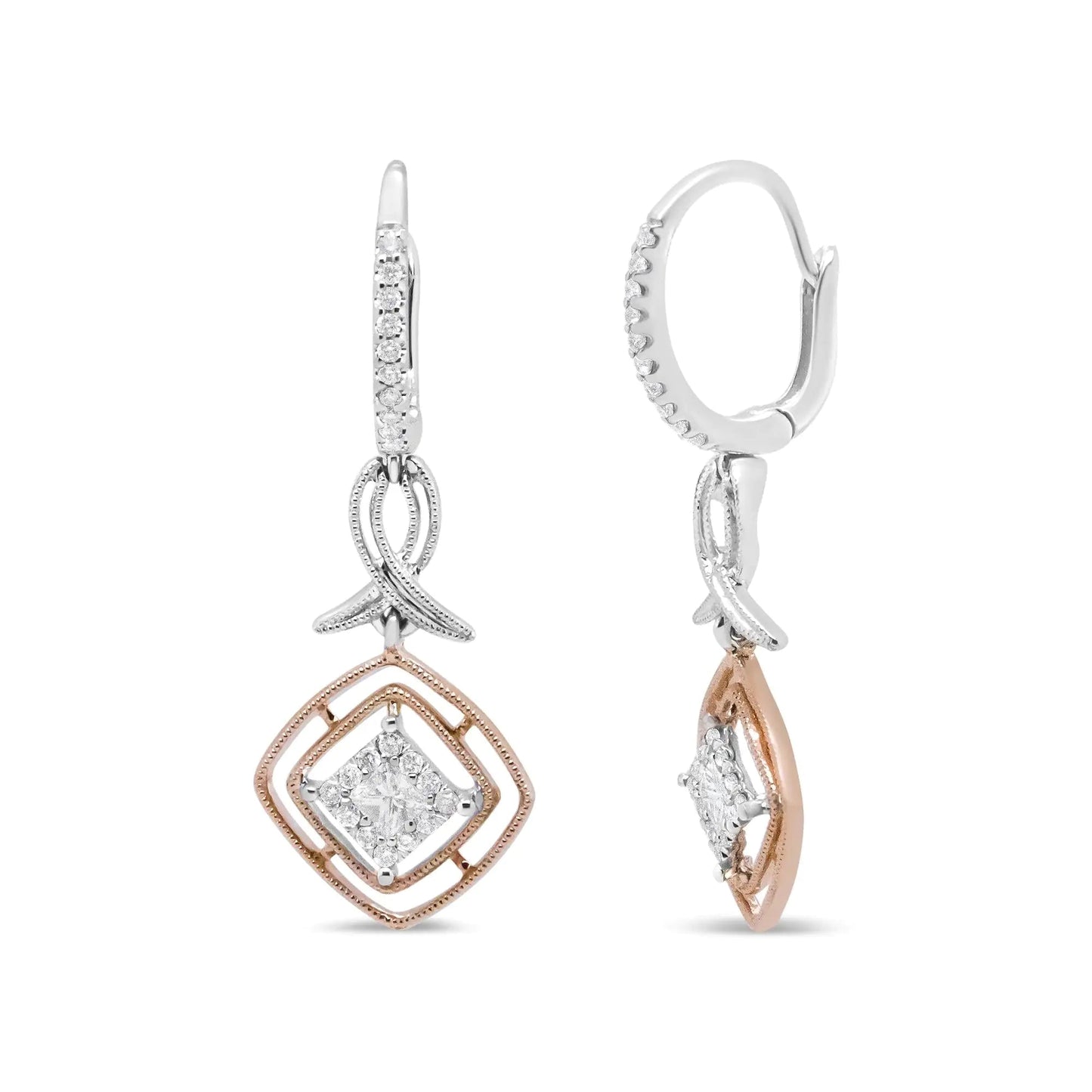 14K White and Rose Gold 1/2 Cttw Round and Princess - Cut Diamond Openwork Marquise Ribbon Dangle Earring (G - H Color, SI2 - I1 Clarity) - Jaazi International