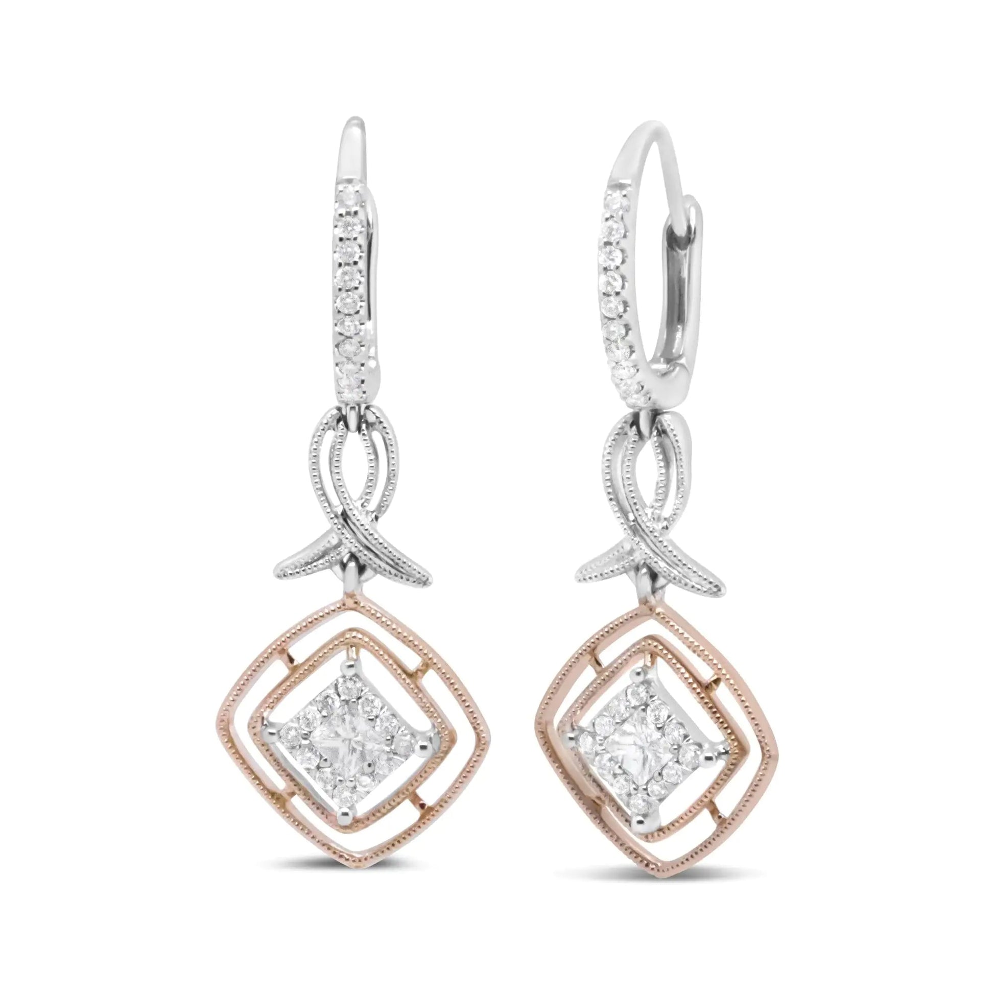 14K White and Rose Gold 1/2 Cttw Round and Princess - Cut Diamond Openwork Marquise Ribbon Dangle Earring (G - H Color, SI2 - I1 Clarity) - Jaazi International