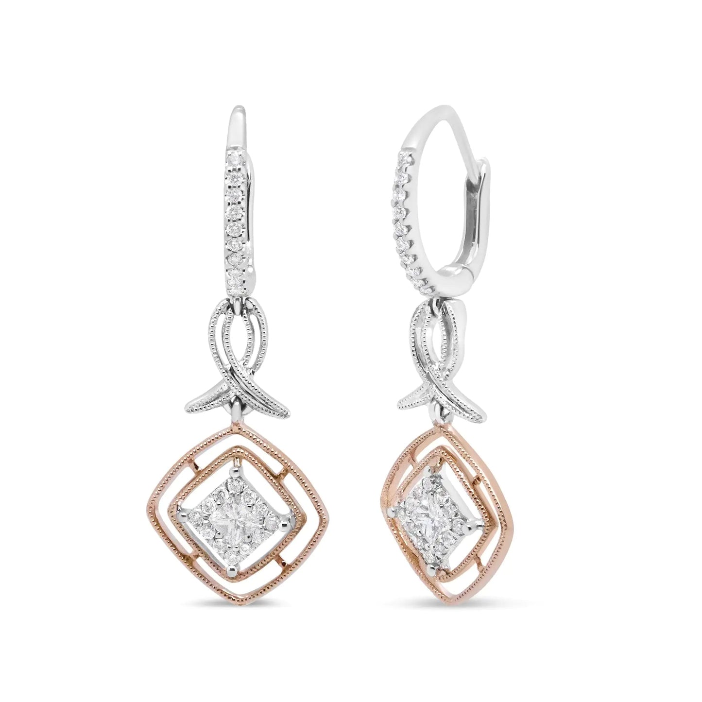 14K White and Rose Gold 1/2 Cttw Round and Princess - Cut Diamond Openwork Marquise Ribbon Dangle Earring (G - H Color, SI2 - I1 Clarity) - Jaazi International