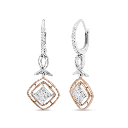 14K White and Rose Gold 1/2 Cttw Round and Princess - Cut Diamond Openwork Marquise Ribbon Dangle Earring (G - H Color, SI2 - I1 Clarity) - Jaazi International