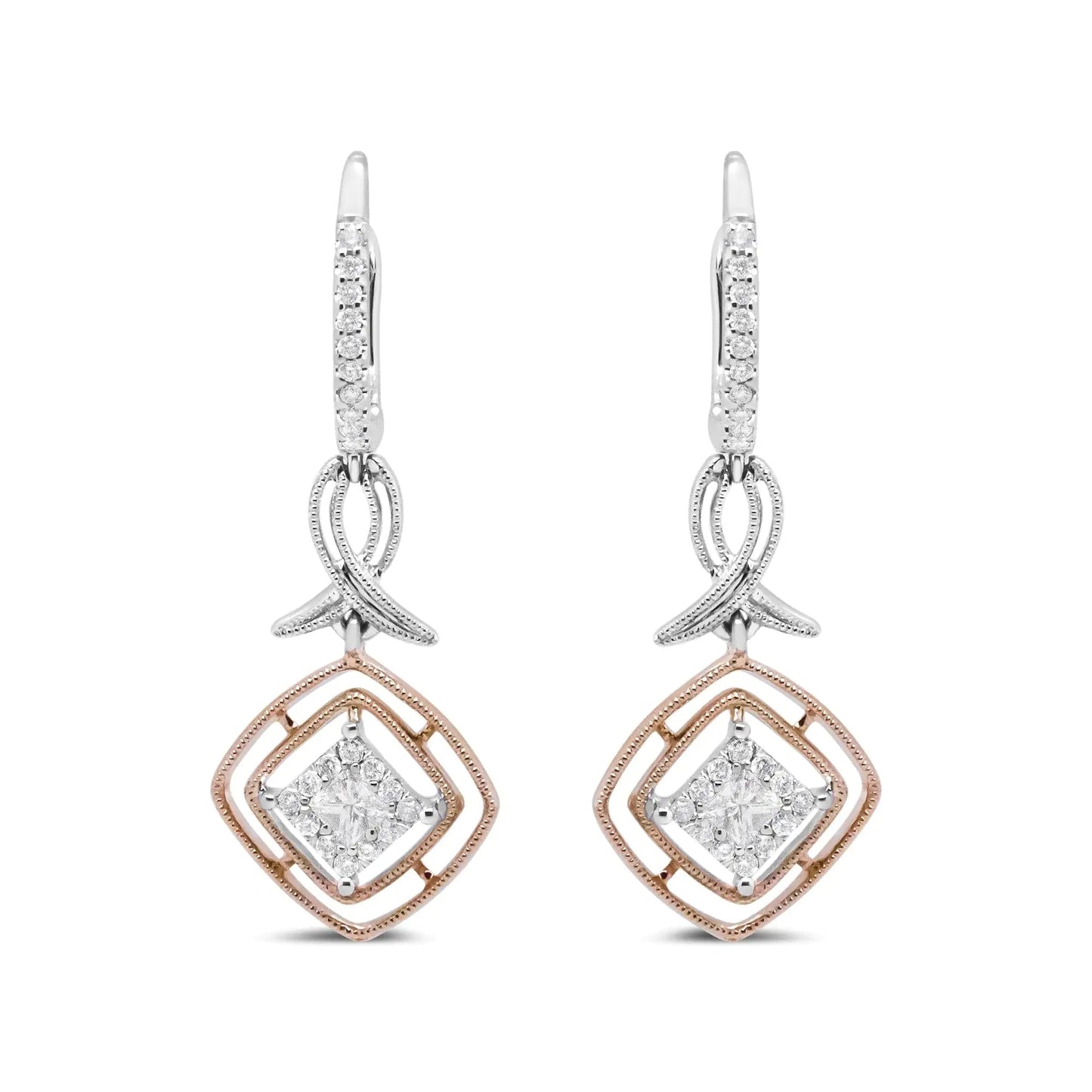 14K White and Rose Gold 1/2 Cttw Round and Princess - Cut Diamond Openwork Marquise Ribbon Dangle Earring (G - H Color, SI2 - I1 Clarity) - Jaazi International