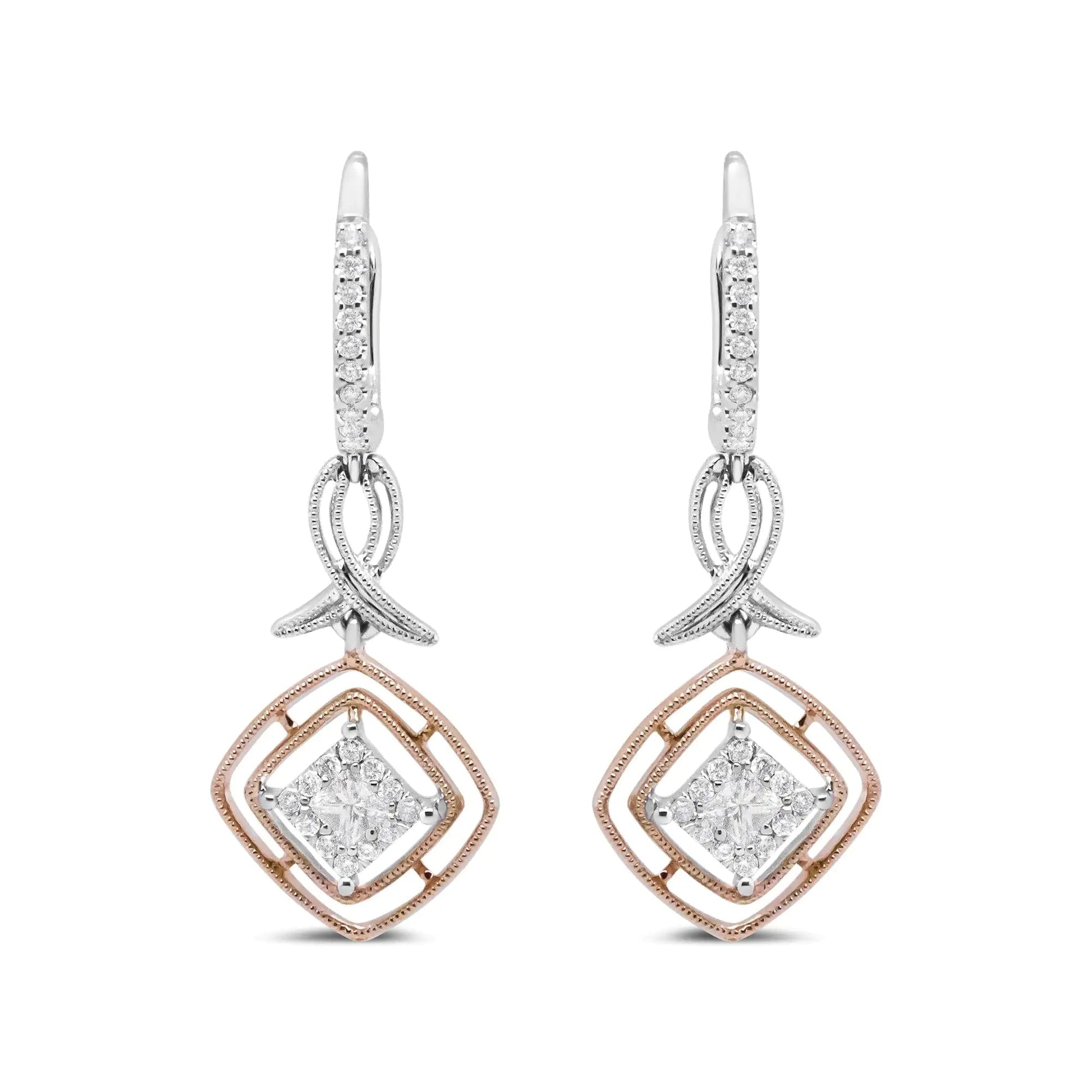 14K White and Rose Gold 1/2 Cttw Round and Princess - Cut Diamond Openwork Marquise Ribbon Dangle Earring (G - H Color, SI2 - I1 Clarity) - Jaazi International