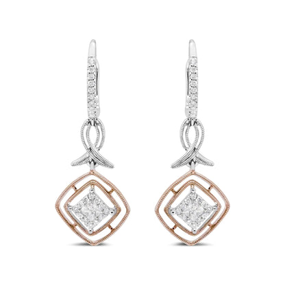 14K White and Rose Gold 1/2 Cttw Round and Princess - Cut Diamond Openwork Marquise Ribbon Dangle Earring (G - H Color, SI2 - I1 Clarity) - Jaazi International