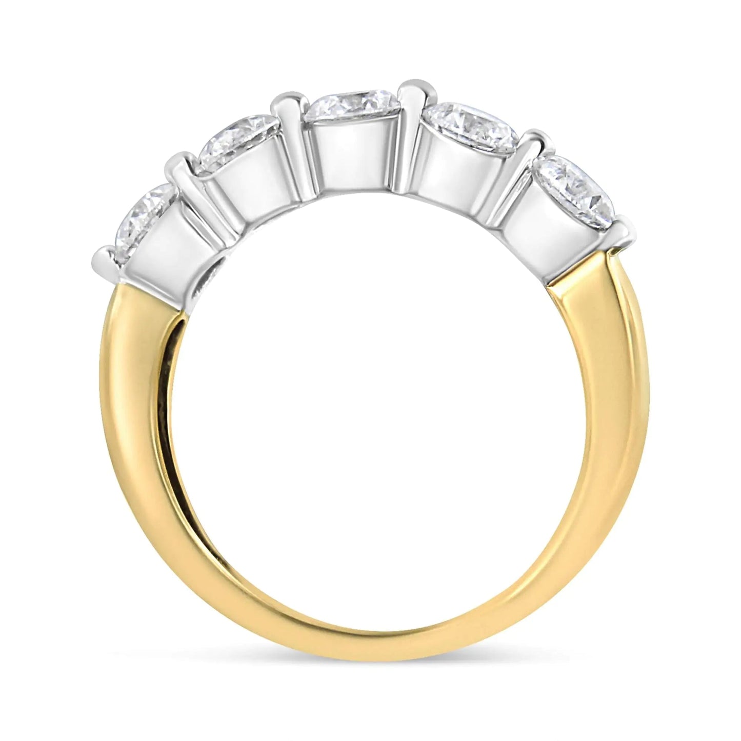 14K White and Yellow Gold 1 1/2 Cttw 2 Prong Cup Set Round - Cut Diamond 5 Stone Ring Band (H - I Color, SI2 - I1 Clarity) - Jaazi Intl