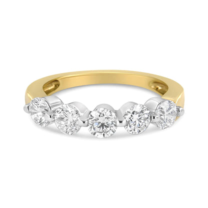 14K White and Yellow Gold 1 1/2 Cttw 2 Prong Cup Set Round - Cut Diamond 5 Stone Ring Band (H - I Color, SI2 - I1 Clarity) - Jaazi Intl