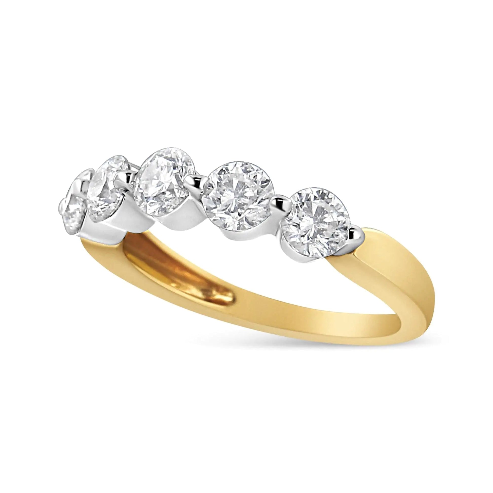 14K White and Yellow Gold 1 1/2 Cttw 2 Prong Cup Set Round - Cut Diamond 5 Stone Ring Band (H - I Color, SI2 - I1 Clarity) - Jaazi Intl