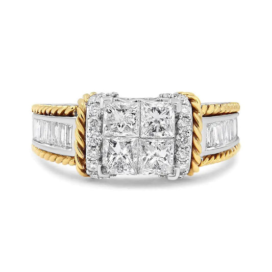 14K White and Yellow Gold 1 1/2 Cttw Invisible Set Princess - Cut Diamond Quad Style Engagement Ring (H - I Color, SI2 - I1 Clarity) - Jaazi International