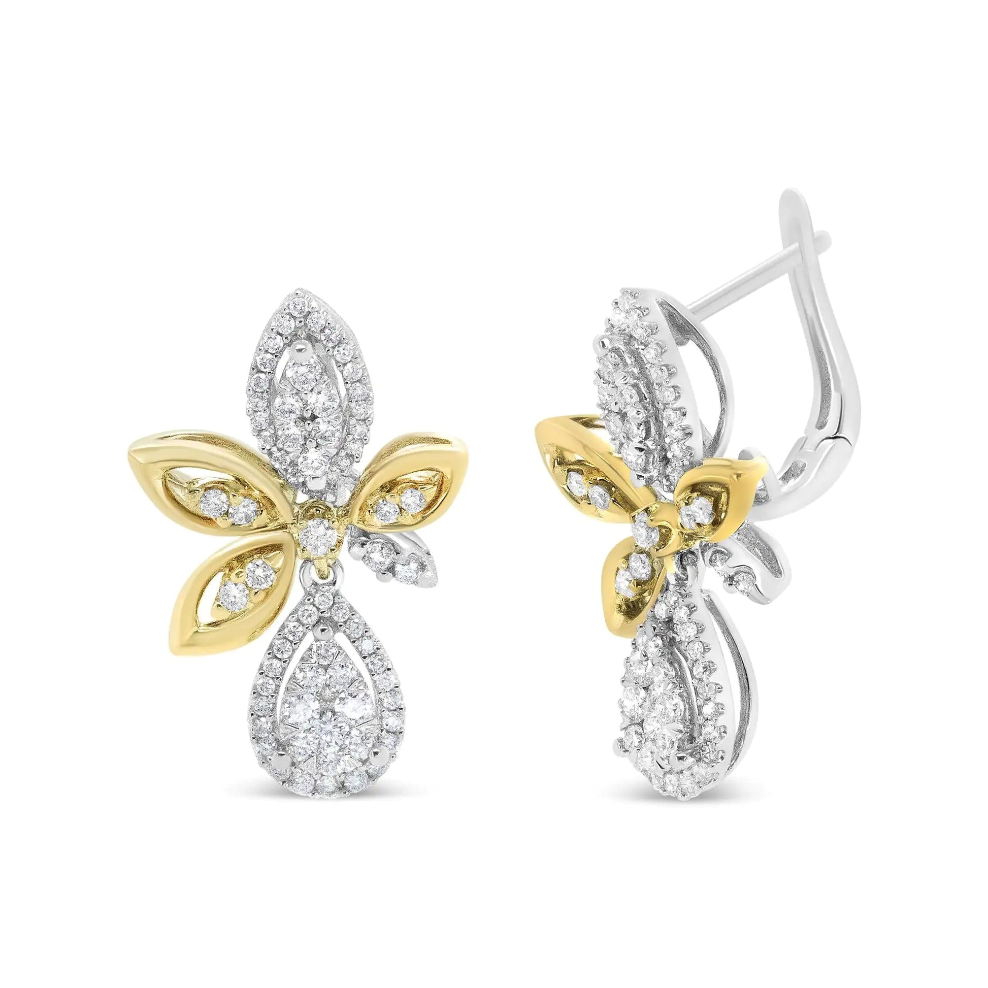 14K White and Yellow Gold 1.00 Cttw Round Pave - Set Diamond Teardrop and Marquise Shape Drop Dangle Earrings (H - I Color, SI1 - SI2 Clarity) - Jaazi Intl