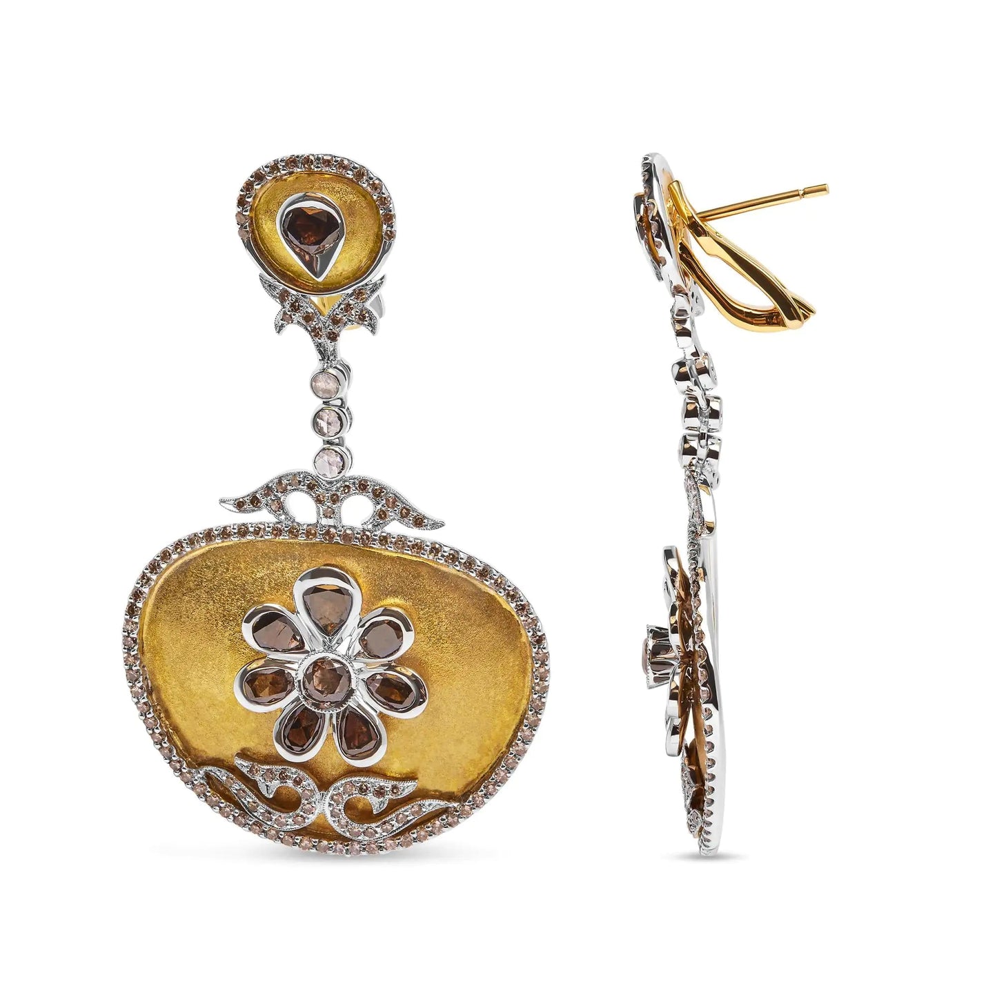 14K White and Yellow Gold 5 1/4 Cttw Rose Cut Diamond Matte Finished Medallion Dangle Earring (Fancy Color, I1 - I2 Clarity) - Jaazi Intl