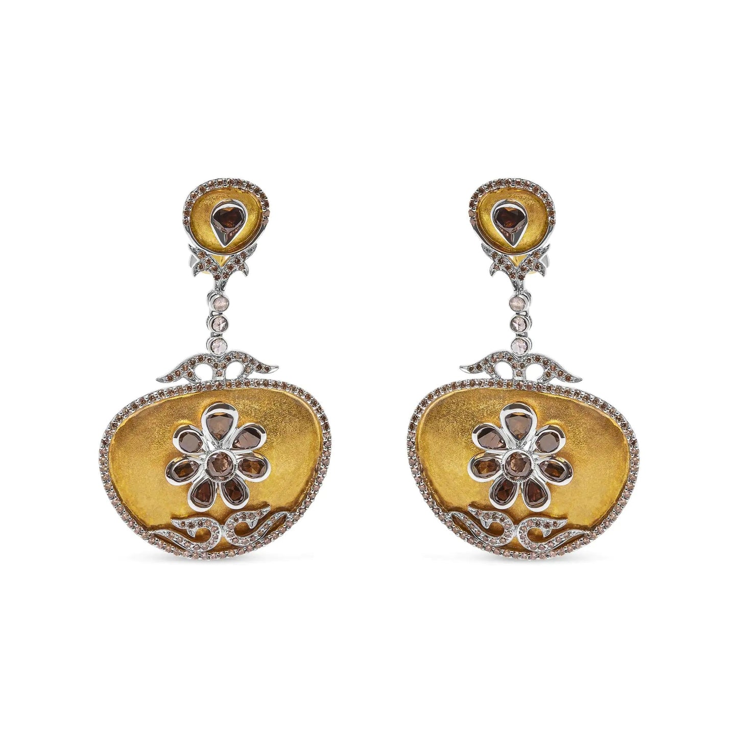 14K White and Yellow Gold 5 1/4 Cttw Rose Cut Diamond Matte Finished Medallion Dangle Earring (Fancy Color, I1 - I2 Clarity) - Jaazi Intl