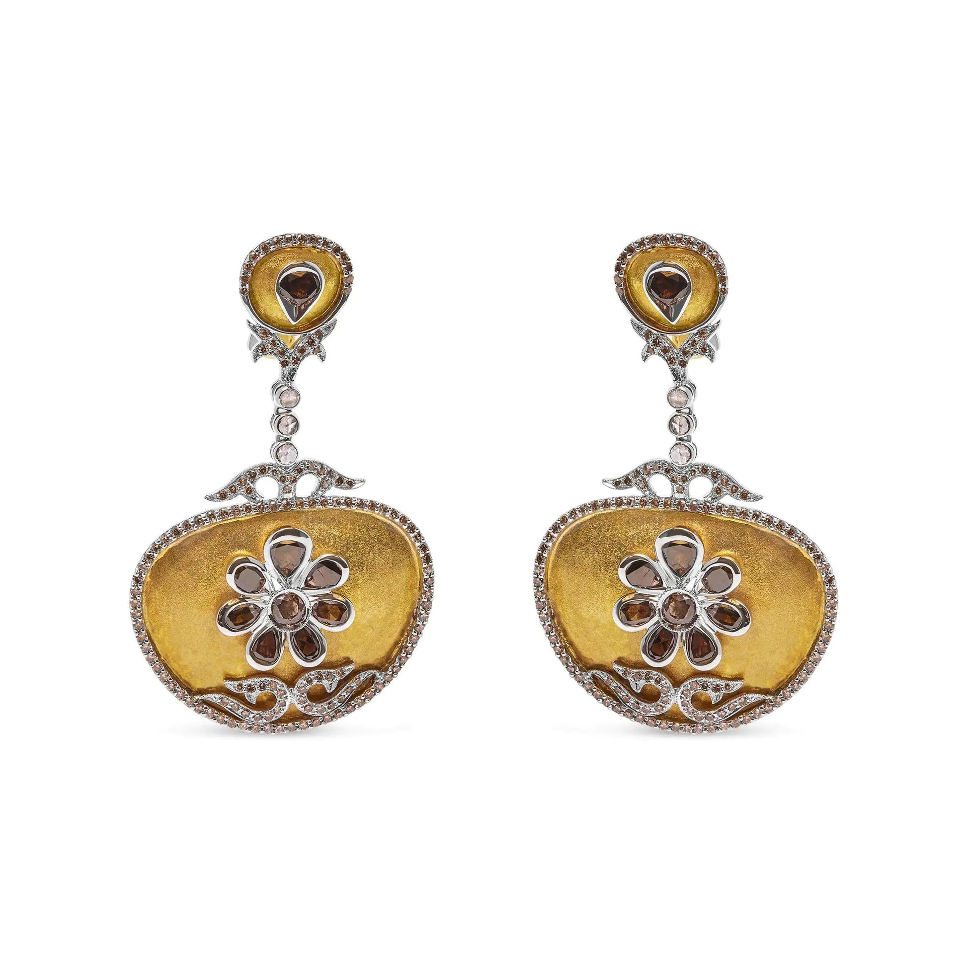 14K White and Yellow Gold 5 1/4 Cttw Rose Cut Diamond Matte Finished Medallion Dangle Earring (Fancy Color, I1 - I2 Clarity) - Jaazi Intl