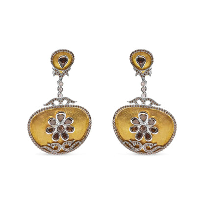 14K White and Yellow Gold 5 1/4 Cttw Rose Cut Diamond Matte Finished Medallion Dangle Earring (Fancy Color, I1 - I2 Clarity) - Jaazi Intl