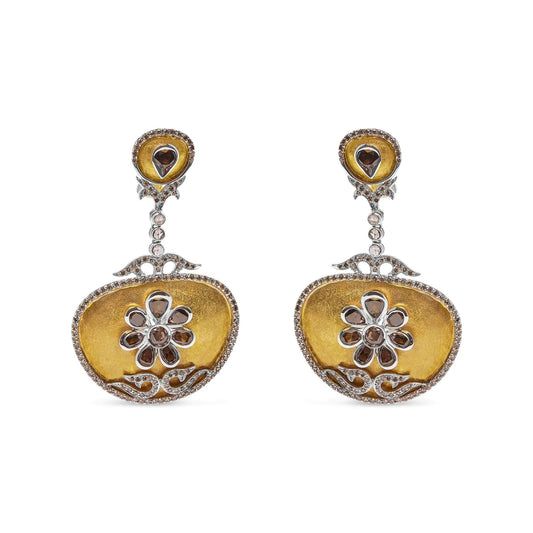 14K White and Yellow Gold 5 1/4 Cttw Rose Cut Diamond Matte Finished Medallion Dangle Earring (Fancy Color, I1 - I2 Clarity) - Jaazi Intl