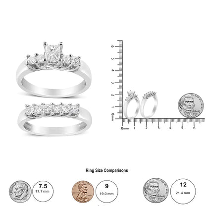 14K White Gold 1 1/2 Cttw 5 Stone Princess Diamond Engagement Wedding Ring Set (H - I Color, SI2 - I1 Clarity) - Jaazi Intl