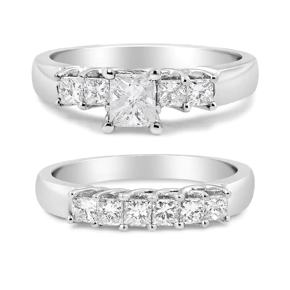 14K White Gold 1 1/2 Cttw 5 Stone Princess Diamond Engagement Wedding Ring Set (H - I Color, SI2 - I1 Clarity) - Jaazi Intl