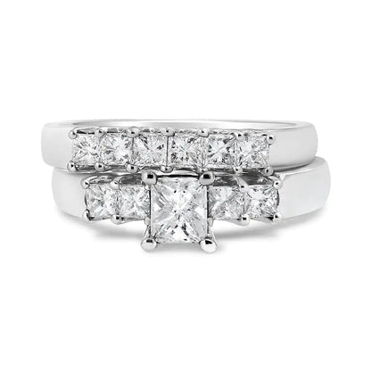 14K White Gold 1 1/2 Cttw 5 Stone Princess Diamond Engagement Wedding Ring Set (H - I Color, SI2 - I1 Clarity) - Jaazi Intl